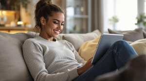 Jeune femme assise sur son canapé qui révise son code de la route sur une application mobile sur une tablette