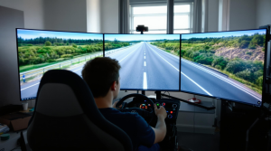 Personne de dos utilisant un simulateur de conduite