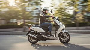 Jeune homme sur un scooter gris en train de rouler