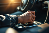 Homme à l'intérieur d'une voiture avec main sur le pommeau du levier de vitesse