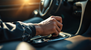 Homme à l'intérieur d'une voiture avec main sur le pommeau du levier de vitesse