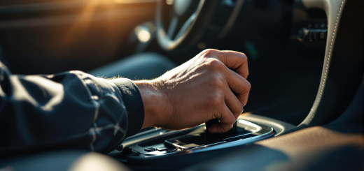 Homme à l'intérieur d'une voiture avec main sur le pommeau du levier de vitesse