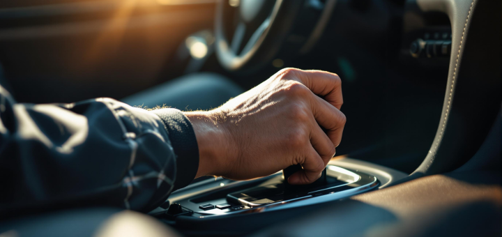 Homme à l'intérieur d'une voiture avec main sur le pommeau du levier de vitesse