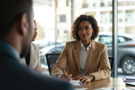 Femme agent d'assurance auto dans un bureau face à un client avec une voiture derrière