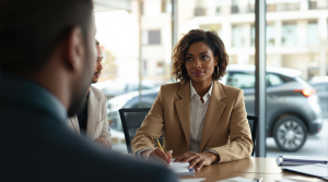 Femme agent d'assurance auto dans un bureau face  un client avec une voiture derrire