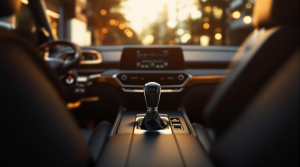 Levier de vitesse d'une voiture automatique vue depuis la banquette arrière