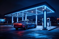 Voiture électrique dans une station de charge la nuit