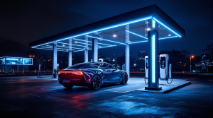 Voiture électrique dans une station de charge la nuit