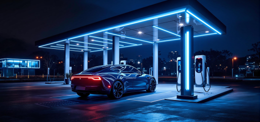 Voiture électrique dans une station de charge la nuit
