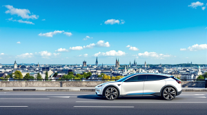 Voiture electrique au Luxembourg avec en fond vue panoramique sur une ville