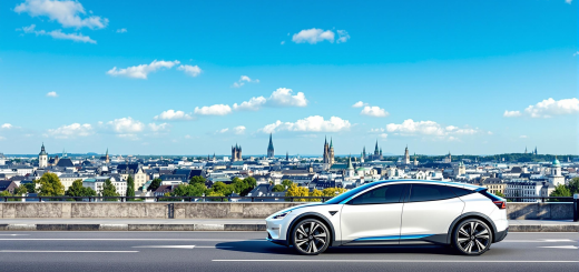 Voiture electrique au Luxembourg avec en fond vue panoramique sur une ville