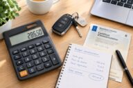 Bureau avec calculatrice, clés voiture et carte grise
