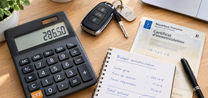 Bureau avec calculatrice, clés voiture et carte grise